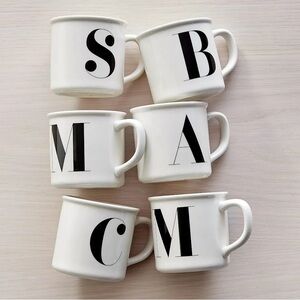 Pottery Barn White Mugs with Black Letters. R monogram